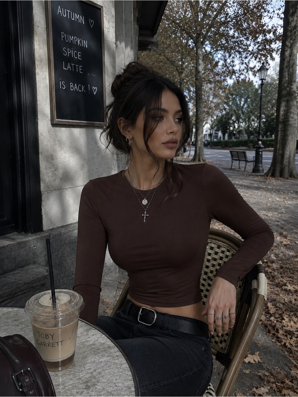 Women’s Fall Essential Long Sleeve Stylish Slim Crewneck Crop Top - Brown
